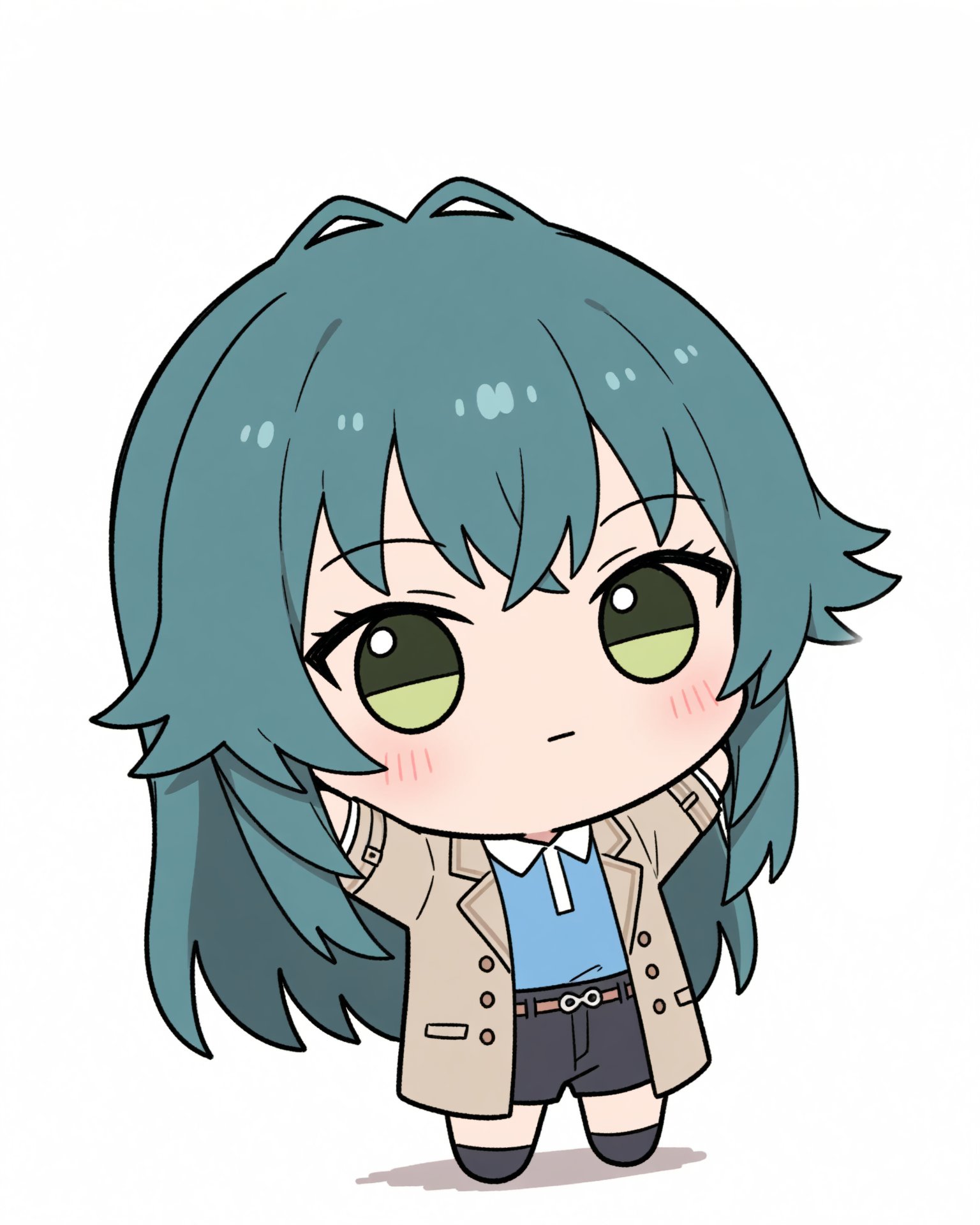青緑の髪とベージュの上着のちびキャラクター